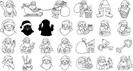 Detailed Black and White Line Art Collection of Various Santa Claus Illustrations, Christmas Icons, and Holiday Elements for Festive Designs