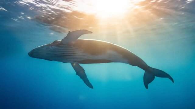 Swimming Humpback Whale in Ocean Sunlight Underwater View