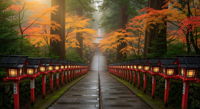 Drone View of Kifune Shrine Stone Steps and Autumn Lanterns