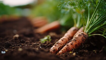 Close-up of carrots growing in rich soil, showcasing vibrant greenery and natural cultivation in a sustainable garden.