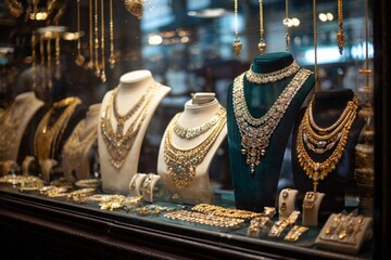  Luxurious antique gold and diamond necklace sets displayed beautifully in an upscale jewelry store window