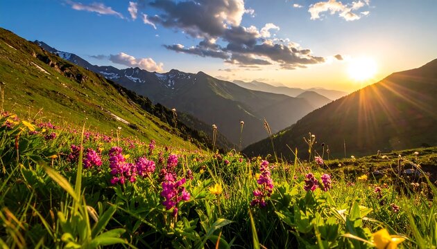 A vibrant mountain scene bathed in golden sunlight. Wildflowers bloom in the foreground, valleys and peaks recede, and clouds frame the sunset