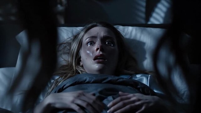 young woman in bed, wide-eyed and shocked, night scene creating a suspenseful atmosphere, halloween horror theme, dramatic lighting