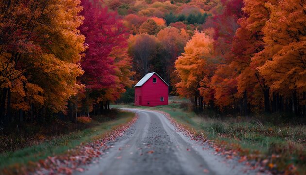 Quaint red barn on a winding road, surrounded by vivid orange and red autumn trees under a lush forest canopy.