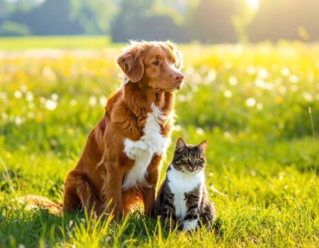 A golden-brown canine and tabby feline sit together, bathed in golden sunlight, amid a lush green meadow dotted with wildflowers - Powered by Adobe