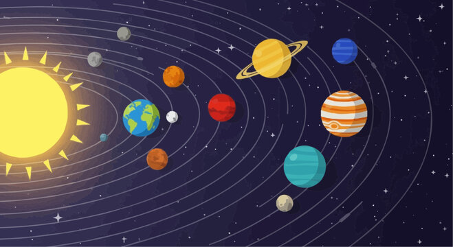 A colorful illustration of the solar system showing the sun and all eight planets orbiting in their respective paths against a starry space background.
