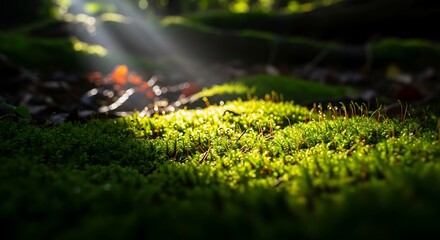 Sunlight filtering through trees onto vibrant green moss in a forest.