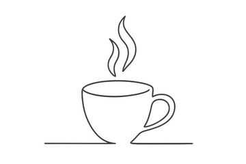 Obraz premium Outline drawing of a hot steaming coffee cup, showing a continuous line icon for beverages and breakfast on transparent background