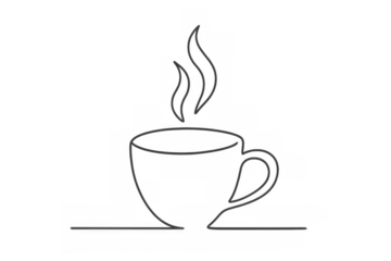 Outline drawing of a hot steaming coffee cup, showing a continuous line icon for beverages and breakfast on transparent background