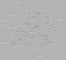 Vector illustration. Simplified administrative map of Belarus. Border with nearest states Ukraine, Russia, Poland, Lithuania and etc. Grey shapes of countries with white outline. Names of cities