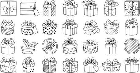 Set of hand-drawn doodle outline gift boxes and presents. Black and white illustrations for holidays, birthdays, and celebrations.