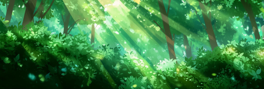 緑豊かな森に差し込む木漏れ日の光景