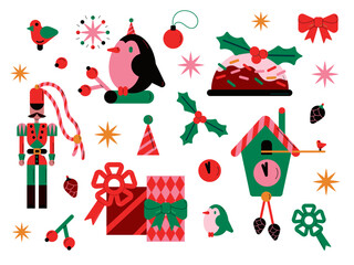 Christmas and New Year vector set: bird, tin soldier, cuckoo clock, gifts, bows, stars and festive cake. Small Christmas holiday vector collection. Holiday vector illustration set. Cute Christmas. 