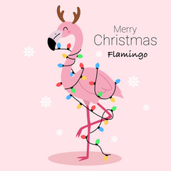 Cute christmas flamingo with colorful lights illustration on a pastel background