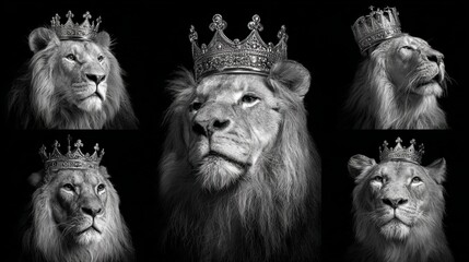 Majestic lions wearing ornate crowns against a dark background evoke regal power and strength for branding, marketing, and design projects