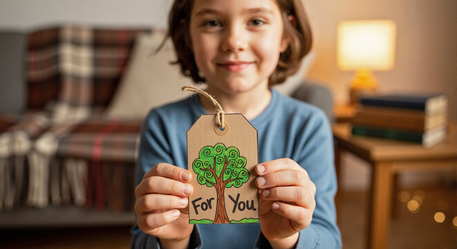 Holding For You gift tag with cheerful child on cozy background. For You is handwritten on present label held by happy girl indoors.