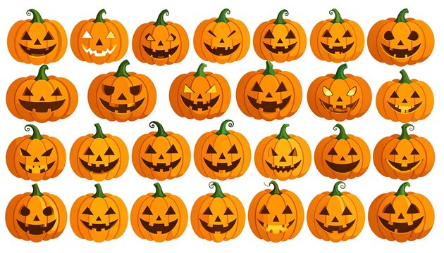 A grid of 30 smiling and scowling jack-o'-lanterns, with diverse facial expressions, offering a Halloween theme