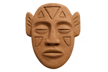 African tribal mask sculpture crafted from clay representing ancient culture and tradition with symbolic patterns on transparent background