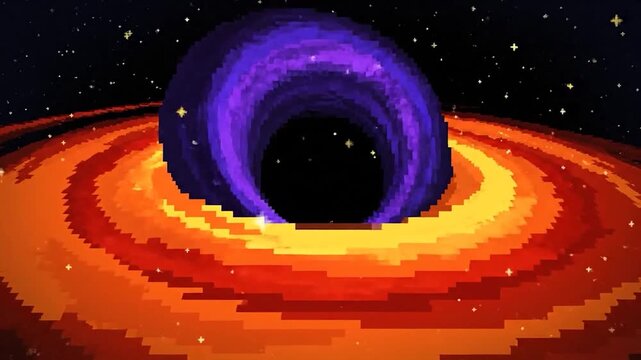 Pixelated artwork showcasing a black hole with a vibrant accretion disk and starry space background
