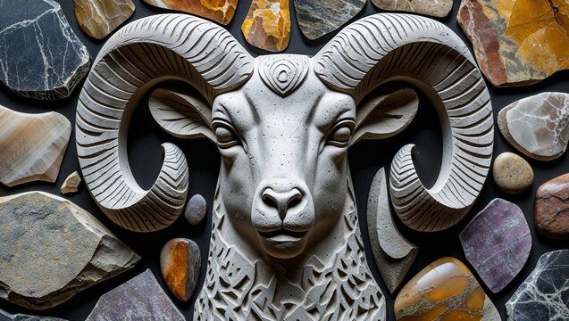 Ram Sculpture on Stone Tile Background: A Natural and Artistic Presentation of Strength