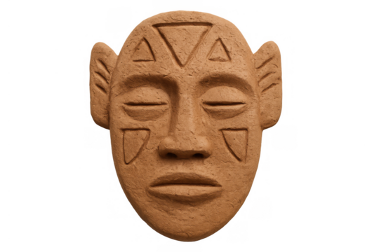 African tribal mask sculpture crafted from clay representing ancient culture and tradition with symbolic patterns on transparent background