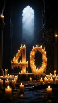 Spectacular Number Forty Display Formed by Burning Candles with Melted Wax in a Dark Chamber