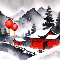 Traditional chinese village with red lanterns in a snowy landscape isolated on white background isolated on transparent background