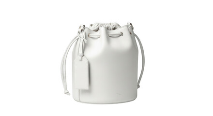 Stylish white leather drawstring bucket bag isolated on transparent background