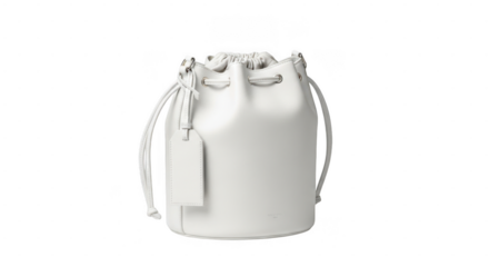 Stylish white leather drawstring bucket bag isolated on transparent background