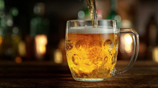 Super Slow Motion Shot of Pouring Fresh Beer Into Glass at Bar With Camera Motion at 1000fps.
