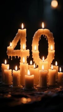 Spectacular Number Forty Candle Surrounded by Many Short Burning Wax Candles in a Warm Dark Setting