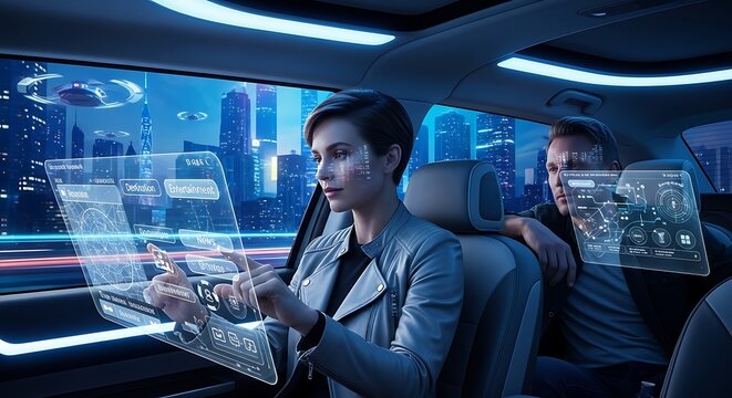 Futuristic Autonomous Vehicle Interior with Holographic Displays and Passengers. - Powered by Adobe