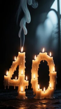 Number Forty Shaped Wax Candle Burning with Smoke Rising Above on a Dark Dramatic Background