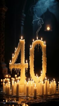 Number Forty Shaped by White Burning Candles with Smoke Rising in a Dramatic and Mysterious Scene