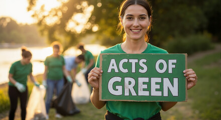 Woman volunteer shows sign Acts of Green with other volunteers collecting trash, participating in clean up initiative. Woman holds sign reading Acts of Green, volunteering in eco friendly cause.