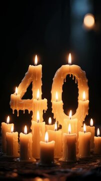 Golden Glow of Number Forty Candle Surrounded by Multiple Small Candles on a Dark Surface