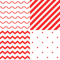 Set of four seamless red and white geometric patterns. Waves, stripes, zigzags, and dots. Suitable for backgrounds, packaging, textiles, branding and wrapping paper. Holiday mood. Vector illustration.
