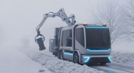Autonomous garbage truck operating in snowy conditions. Futuristic municipal waste collection vehicle with robotic arm. Smart city future concept.