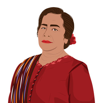 A mother wearing traditional Batak clothing, a red kebaya, wearing a Batak ulos and flower decorations on her bun