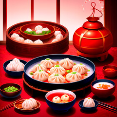 Delicious chinese dumplings and dim sum served in traditional bamboo steamers and bowls isolated on white background isolated on transparent background