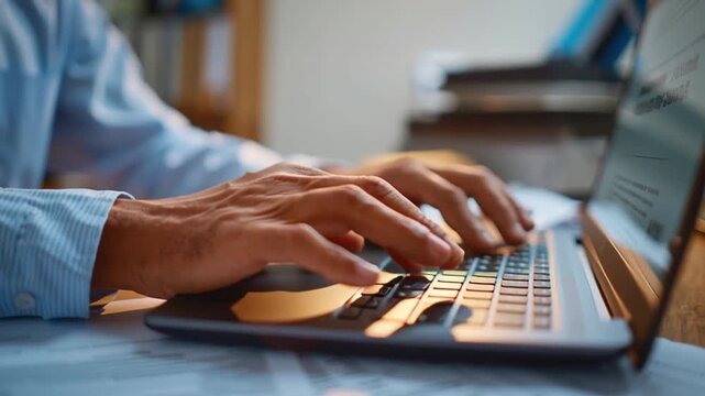 Online tax submission process with hands typing on laptop keyboard focused on financial documents and paperwork on wooden desk in office environment