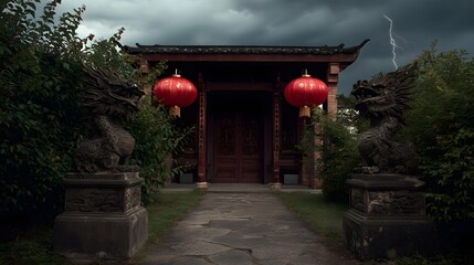 Obraz premium Dramatic stormy sky with lightning over a traditional Chinese temple entrance guarded by stone dragons and illuminated by red lanterns