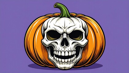 A Halloween illustration features a menacing skull set into an orange pumpkin against a purple background, creating a spooky and seasonal design