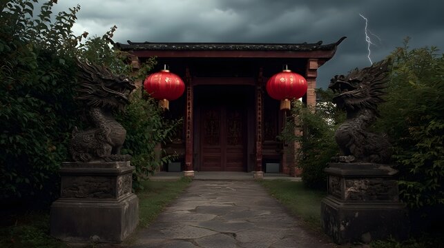 Dramatic stormy sky with lightning over a traditional Chinese temple entrance guarded by stone dragons and illuminated by red lanterns
