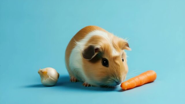 Cute guinea pig with fluffy fur next to garlic clove and carrot on blue background