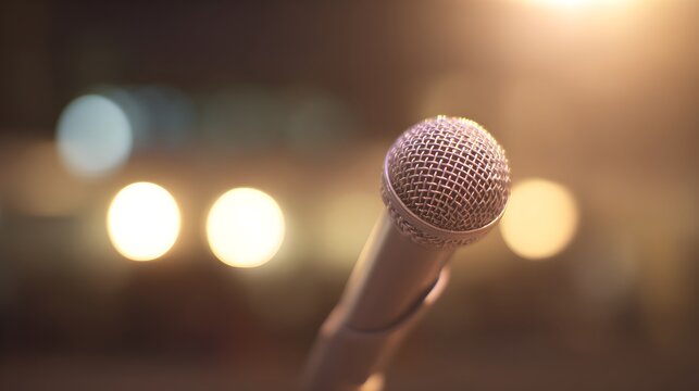 Close-up of a microphone on stage with blurred bokeh lights in the background, creating an inviting atmosphere for a live performance or event showcasing sound and music - Powered by Adobe