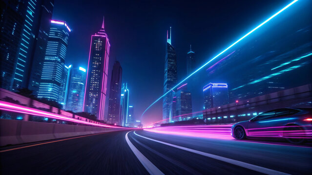 A futuristic cityscape at night, illuminated by neon lights and streaking car trails, evoking a sense of hightech innovation and urban dynamism