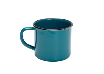 Bright blue enamel mug with black rim isolated on black background for camping and outdoor use 
