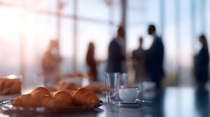 Croissants and coffee on a table in a modern office setting, with blurred figures engaged in conversation, creating a warm and inviting atmosphere for networking and collaboration