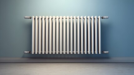 Radiator mounted on a blue wall, showcasing a modern design with clean lines, providing warmth and comfort to the interior space, ideal for home heating solutions